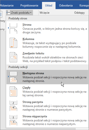 Opcje podziałów na karcie Układ.