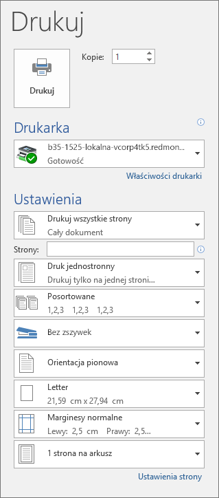 Zrzut ekranu przedstawiający okienko Drukowanie z różnymi ustawieniami drukowania, na przykład liczbą kopii.