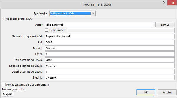 Okno dialogowe Edytowanie źródła