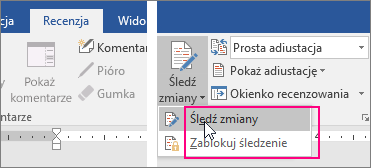 Po kliknięciu przycisku Śledź zmiany są wyróżniane dostępne opcje.