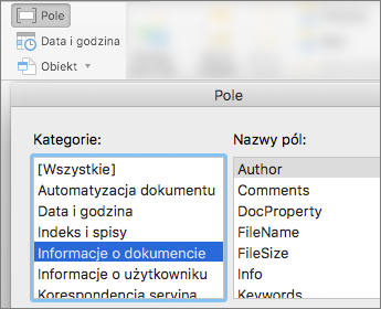 Zrzut ekranu przedstawiający kody pól filtrowane według kategorii Informacje o dokumencie