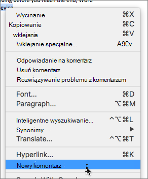 Menu kontekstowe programu Word dla komputerów Mac z zaznaczoną pozycją Nowy komentarz