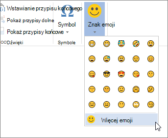 Kliknij pozycję Więcej emoji na przycisku Emoji na karcie Wstawianie, aby wybrać spośród wszystkich dostępnych emoji.