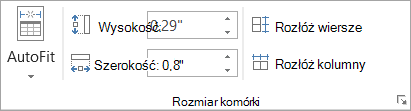 Przedstawia opcje w grupie Rozmiar komórki.