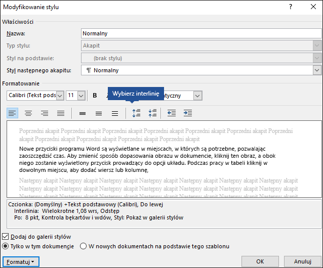 Modyfikowanie opcji interlinii stylu w celu dostosowania odstępów w pionie w programie Word.