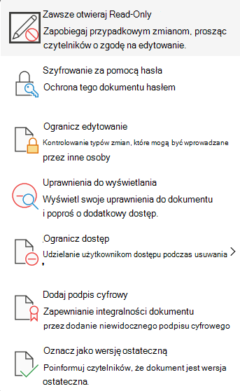 menu Word, które pozwala wybrać/usunąć zaznaczenie funkcji Zawsze otwieraj Read-Only