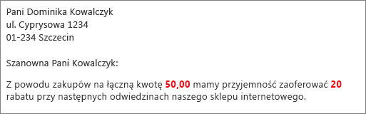 Dokument korespondencji seryjnej, który odczytuje Twój wkład w wysokości 50.00 i oferuje 20 rabatu.