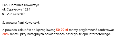 Dokument wyników korespondencji seryjnej odczytuje wkład w wysokości 50,00 USD i oferuje rabat w wysokości 20%.