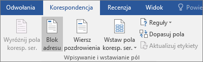 W ramach Word korespondencji seryjnej na karcie Korespondencja w grupie Zapisywanie & Wstaw pola wybierz pozycję Blok adresu.