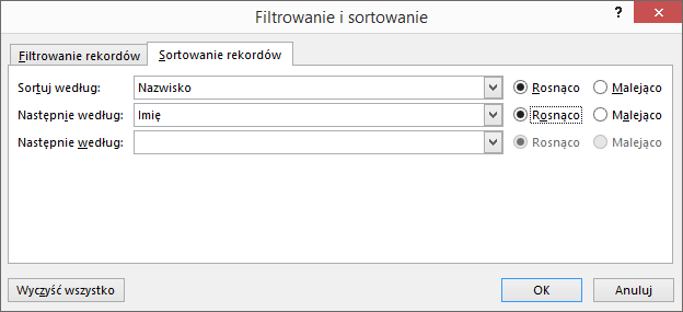 W ramach korespondencji seryjnej w programie Word wybierz pozycję Edytuj listę adresatów, a następnie w obszarze Dopracowywanie listy adresatów wybierz pozycję Sortuj.