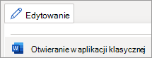 Menu trybu edycji, polecenie Otwórz w aplikacji klasycznej