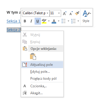 Menu rozwijane po kliknięciu prawym przyciskiem myszy odsyłacza do zakładki