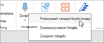 Pokaż zaznaczony pasek narzędzi Szybki dostęp w menu
