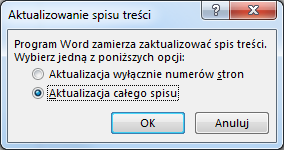 Okno dialogowe Aktualizowanie spisu treści