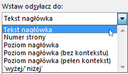 Opcje na liście Wstaw odwołanie do