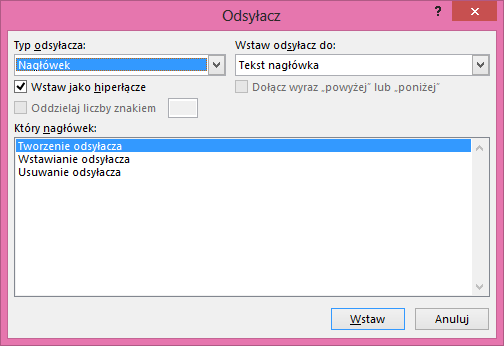 Okno dialogowe Odsyłacz w programie Word