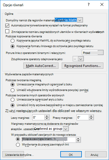 Obraz przedstawiający okno dialogowe Opcje równania