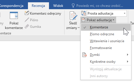 Pozycja Opcje adiustacji na karcie Recenzja