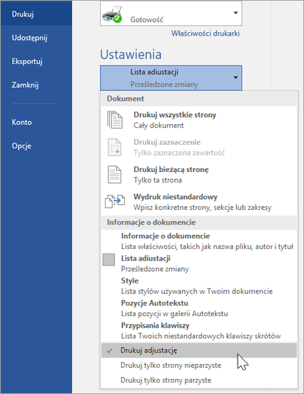 Ustawienia wydruku do drukowania adiustacji