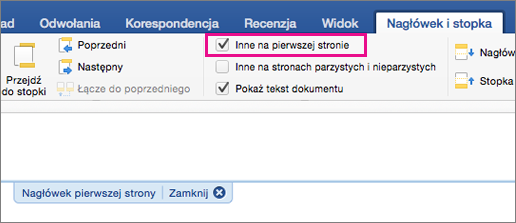 Wyróżnione ustawienie Inne na pierwszej stronie na karcie Nagłówek&stopka.