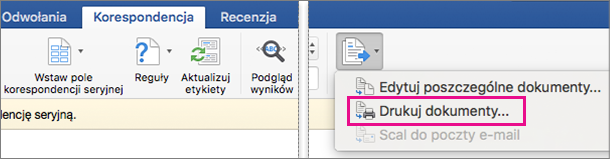 Na karcie Korespondencja wyróżniona jest opcja Zakończ & scalanie i Drukuj dokumenty