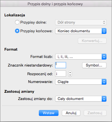 Okno dialogowe Przypis dolny i przypis końcowy