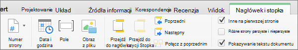 Dwukrotne kliknięcie obszaru nagłówka lub stopki powoduje wyświetlenie Word karty Nagłówek & Stopka.