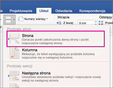 Layout Break menu with Page Break highlighted