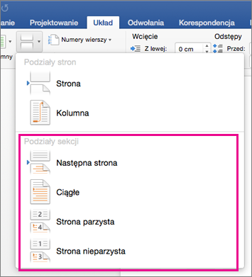 Na karcie Układ wyróżnione jest menu Podziały sekcji