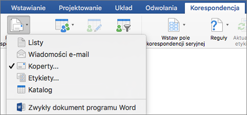 Na karcie Korespondencja wybierz pozycję Koperty z listy Rozpocznij korespondencję seryjną