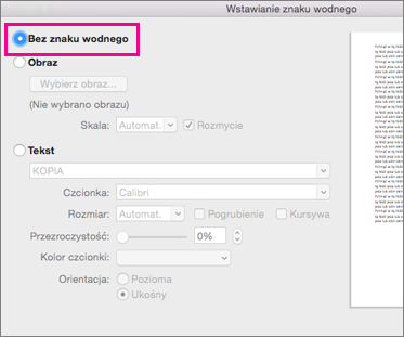 W oknie dialogowym Wstawianie znaku wodnego nie jest wybrany żaden znak wodny
