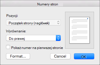 W oknie Numery stron ustaw położenie i wyrównanie numerów stron.