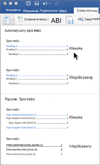 Kliknij pozycję Spis treści na karcie Odwołania, a następnie wybierz styl Automatyczny spisu treści z galerii