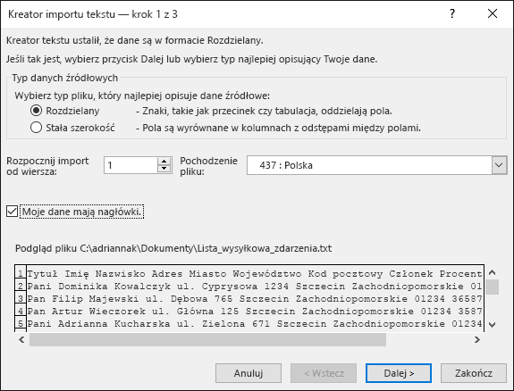Pobieranie danych zewnętrznych z tekstu w programie Excel, Kreator importu tekstu, krok 1 z 3