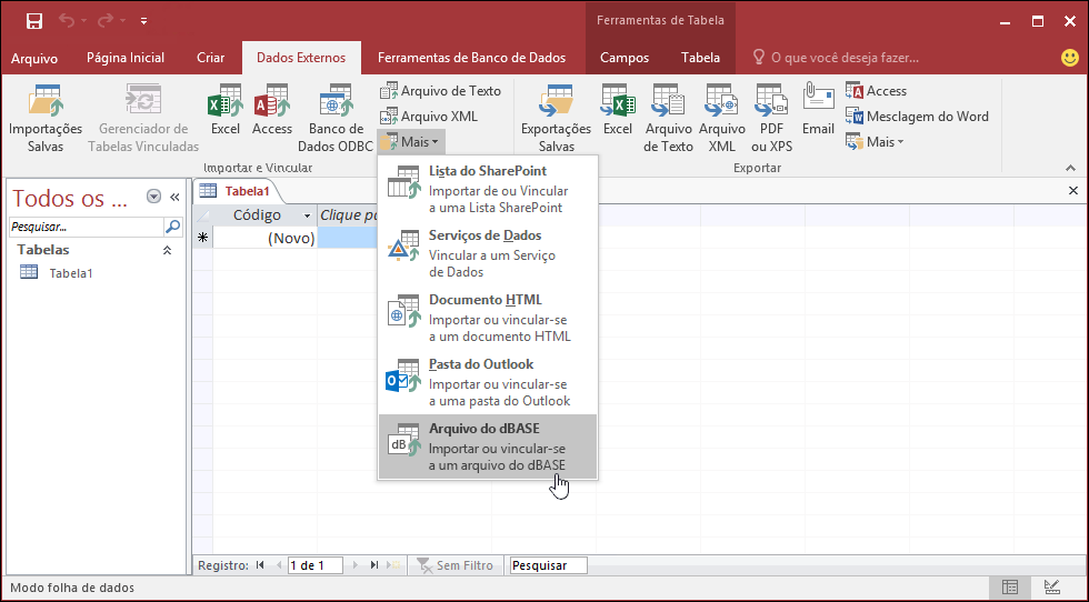 Captura de ecrã da opção Access com ficheiro dBASE selecionada no separador do friso Dados Do Exernal