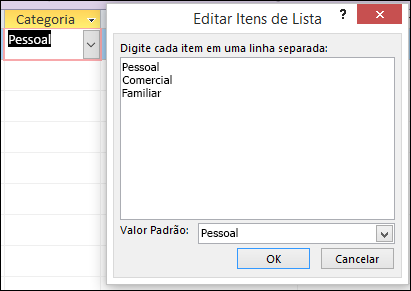 Caixa de diálogo Editar Itens de Lista em um formulário do Access
