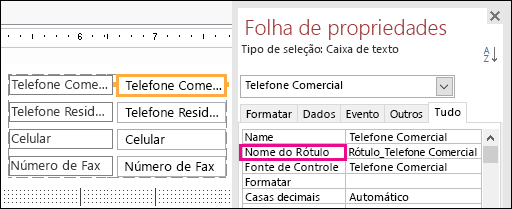 Propriedade Nome do Rótulo mostrada na Folha de Propriedades