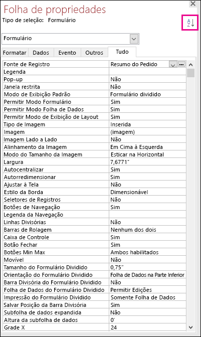 Captura de ecrã da folha de propriedades do Access sem ordenação de propriedades
