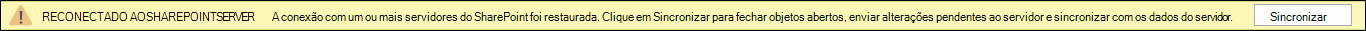 Clique em Sincronizar para voltar a ligar ao Servidor do SharePoint.