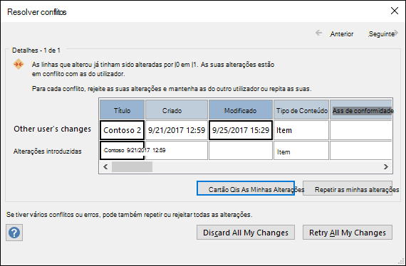 Utilize as opções disponíveis na caixa de diálogo Resolver Conflitos para resolve conflitos de dados.