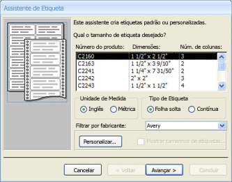 Primeira página do assistente de etiqueta