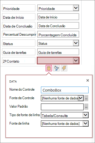Estado inicial de caixa de propriedades de um controle de lista de combinação