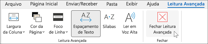 Ferramenta de leitura avançada no Outlook com o cursor a pairar sobre o rato