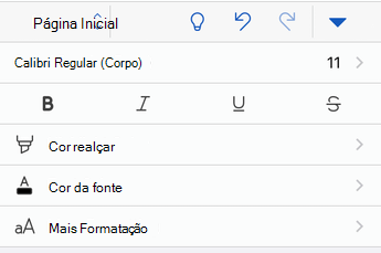 Opções de formatação do tipo de letra no Word para iOS.