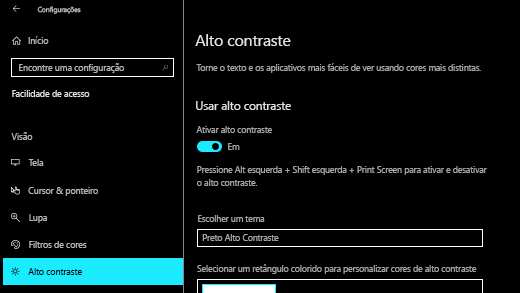 Ative o alto contraste na aplicação Definições do Windows 10.