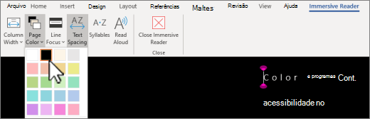 O menu de cores da página Leitura Avançada no Word.