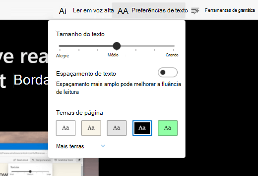 A vista de leitor envolvente ativada no Microsoft Edge a mostrar os menus de vista.