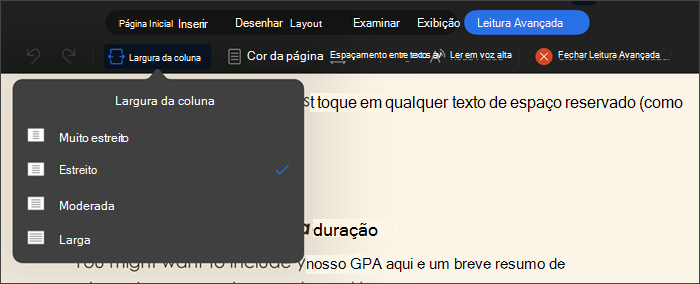 captura de tela da leitura avançada com a largura da coluna selecionada, as opções são muito estreitas, estreitas, moderadas e largas