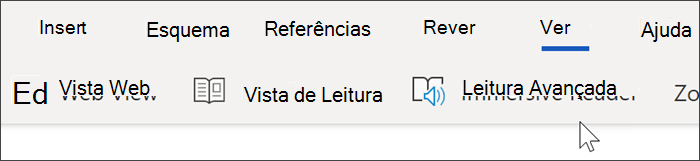 Captura de tela da navegação superior do Word online, a exibição foi selecionada e o cursor passa sobre a leitura avançada