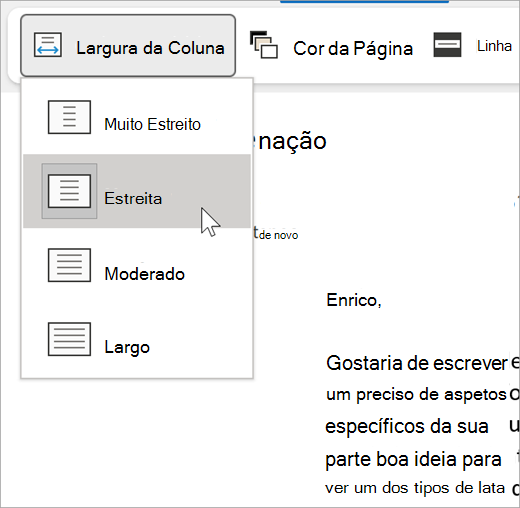 captura de tela da lista suspensa de largura da coluna para a leitura avançada, as opções são muito estreitas, estreitas, moderadas e largas